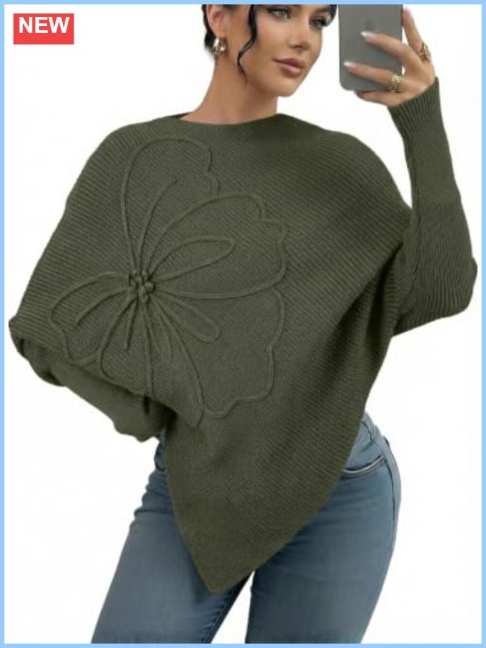 Women's Asymmetrical Poncho Knit Pullover Sweater Batwing Sleeve Oversized